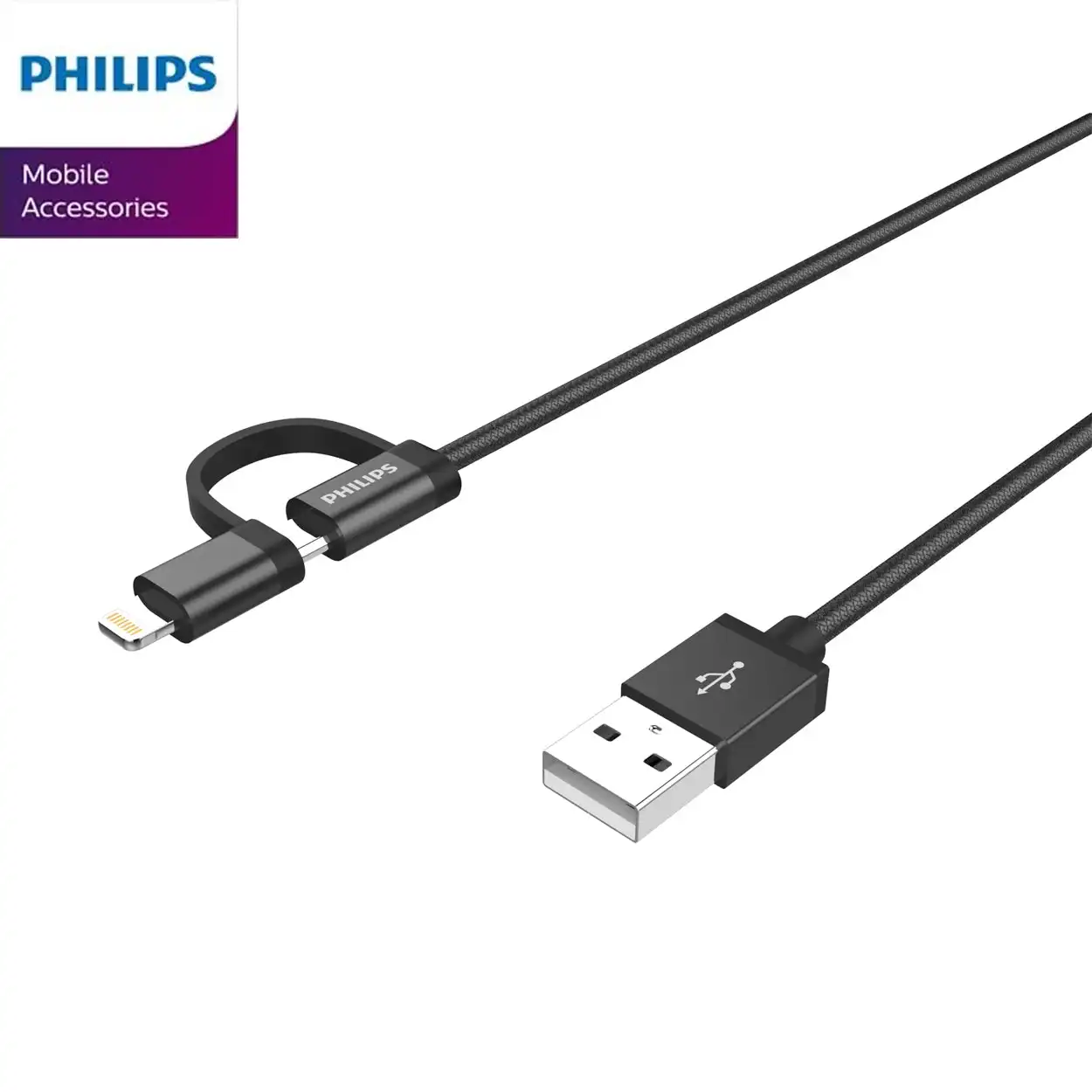 Philips 2-in-1 USB A to Micro and Lightning, Braided cable, 1.2m Black