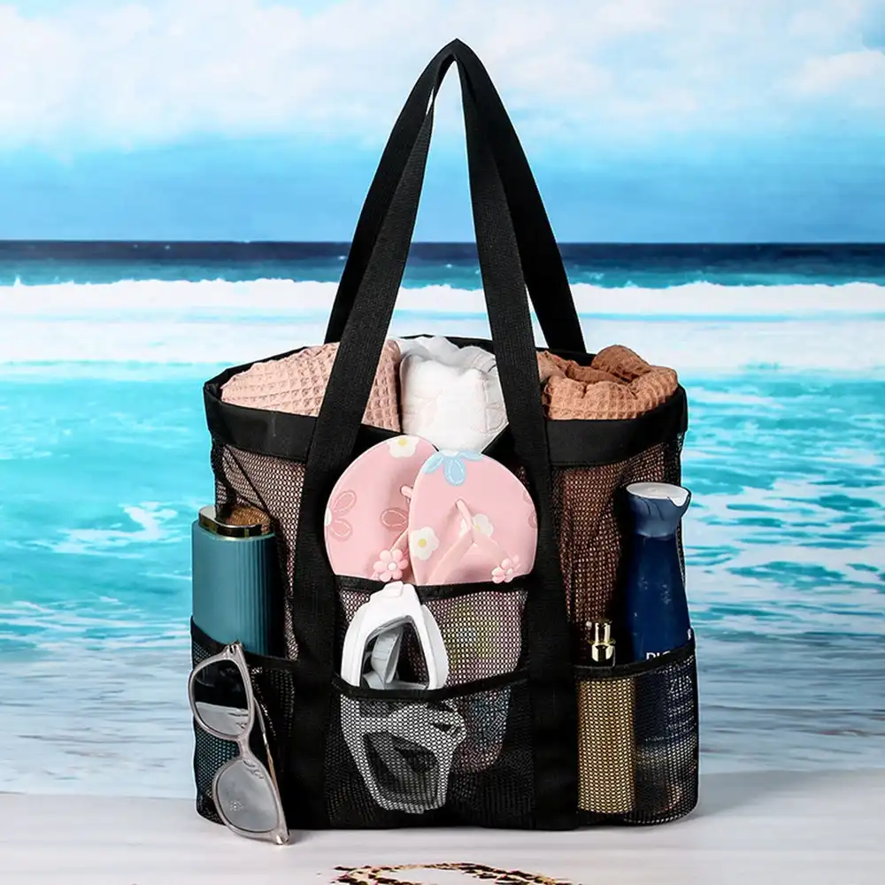 Mesh Beach Bag Swimming Pool Bag With Pockets Travel Tote Handbag For Women
