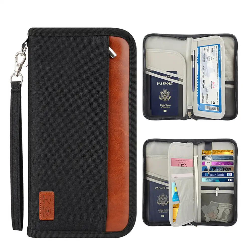 Travel Passport RFID Wallet Documents Organizer Zipper Case With Wristlet Strap