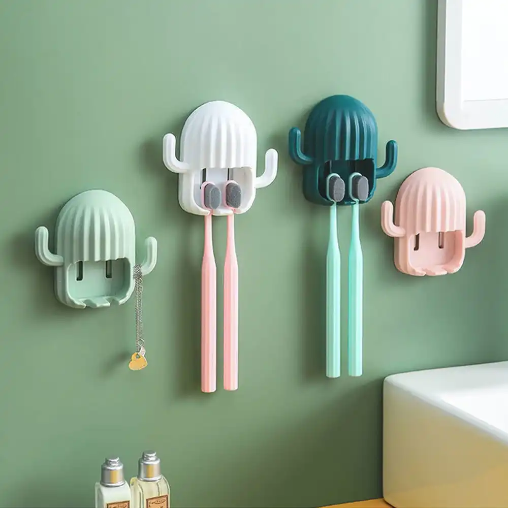 4 Pcs Kids Toothbrush Holder Wall Mounted Cactus Toothbrush Stand With Hook