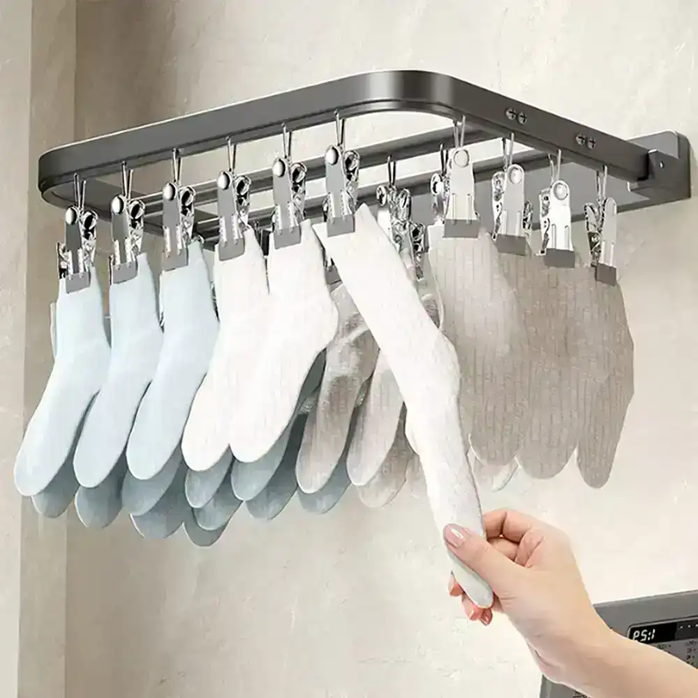 Folding Cloth Hanger Laundry Underwear Sock Clip Wall Mounted Cloth Drying Rack