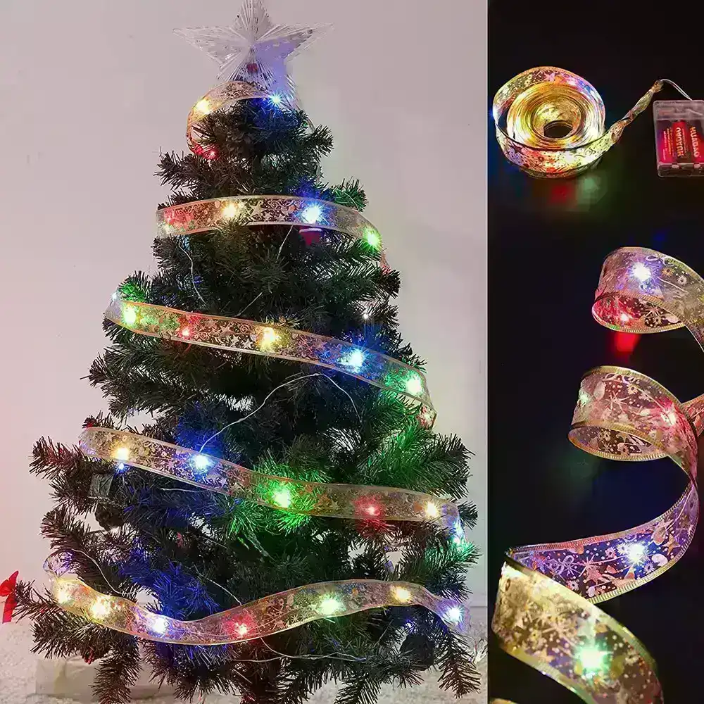 5M Christmas Decoration LED Ribbon Lights DIY Lace Bows String Lights Xms tree Decor