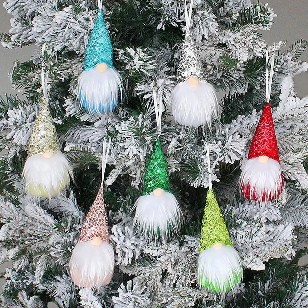 7-Pack Sequins Plush Santa Hanging Decorations Bling-Bling Gnome Ornaments
