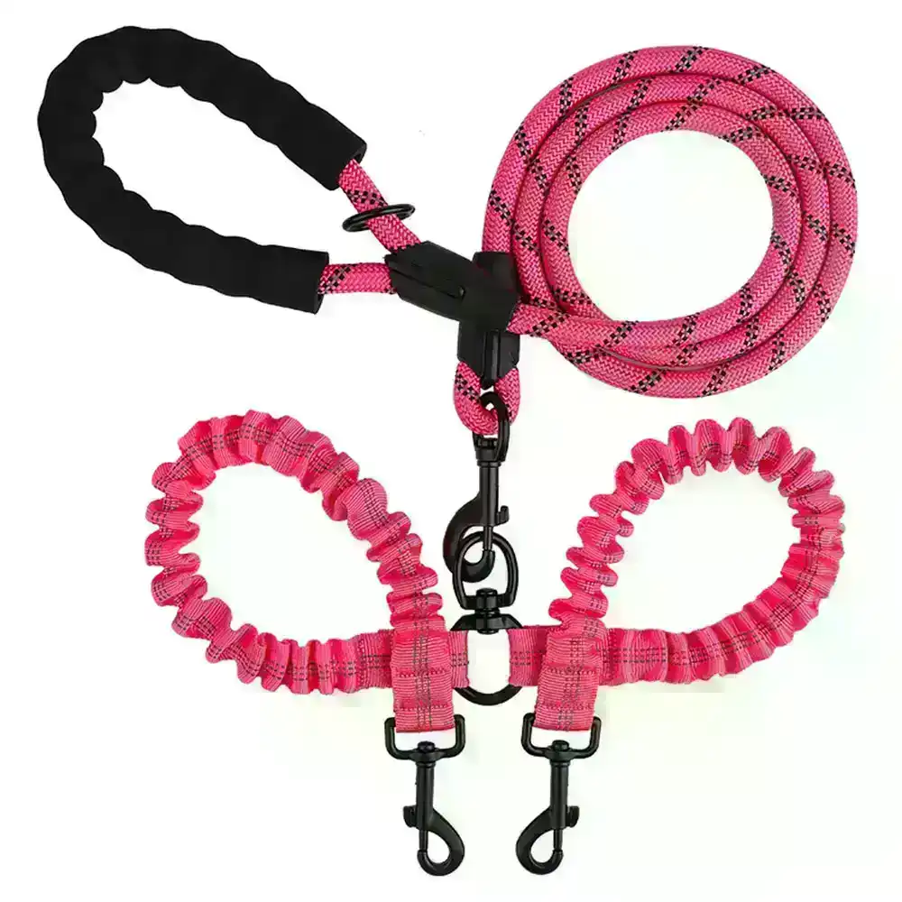 Comfortable Dual Dog Leash Tangle Free With Shock Absorbing Bungee Reflective