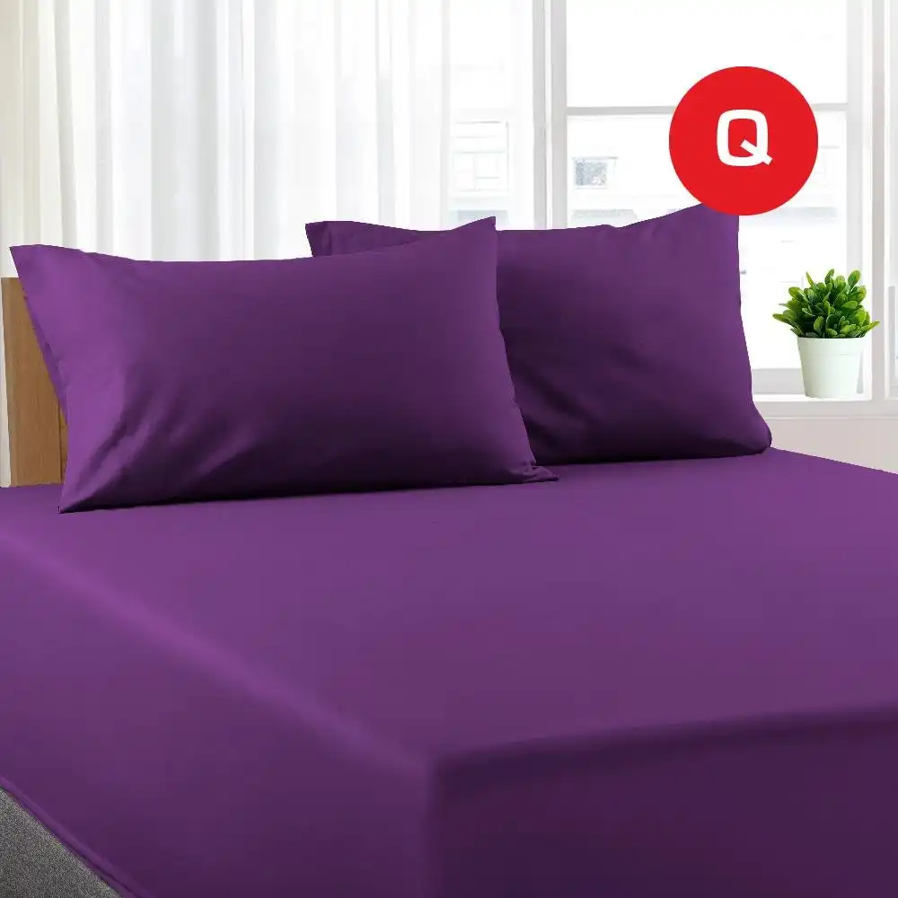 Queen Size Purple Color Poly Cotton Fitted Sheet + Pillowcase