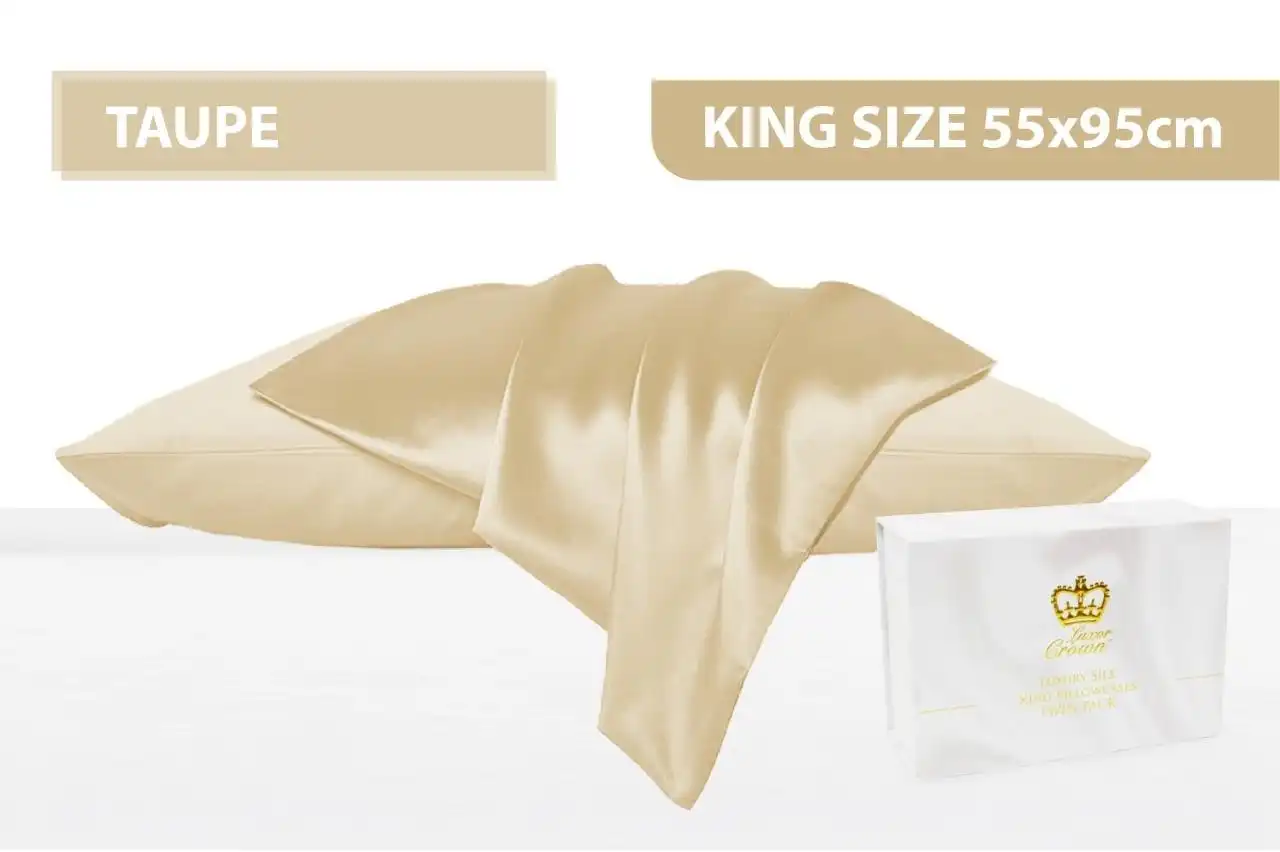 Luxor Crown Set of 2 King Size Mulberry Silk Pillowcases 55cm x 95cm TAUPE