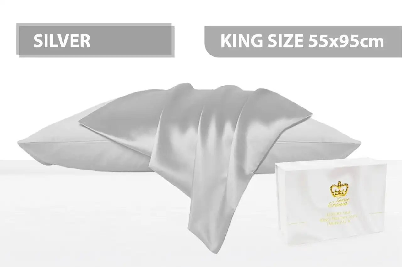 Luxor Crown Set of 2 King Size Mulberry Silk Pillowcases 55cm x 95cm SILVER