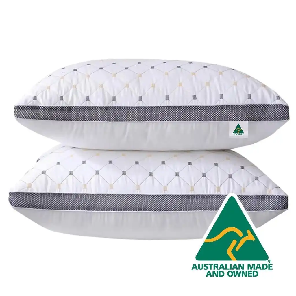 Aus Made Twin Pack Hotel Quality Grey Diamond Checked Ultra Plush Soft Pillow