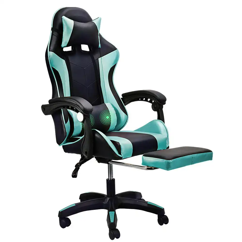 Furb Gaming Chair Two Point Massage Lumbar Recliner Leather Office Chair Cyan
