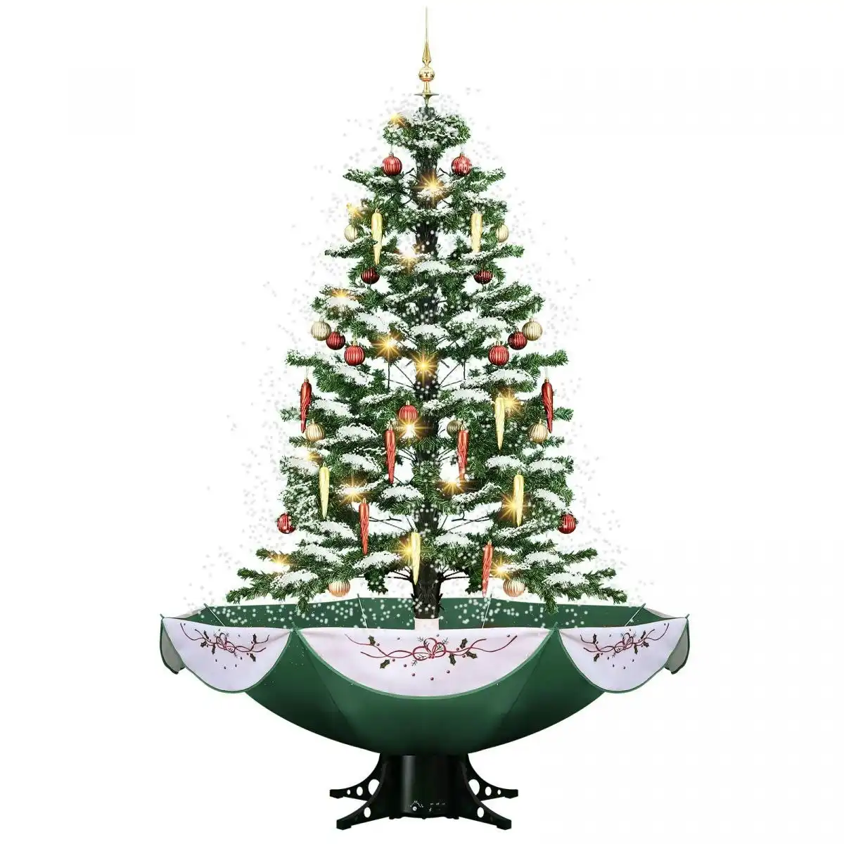 Solight Snowing Christmas Tree Green Artificial Xmas Topper LED String Fairy Lights Decoration Ball Musical Snow Ornament Umbrella Stand 140cm