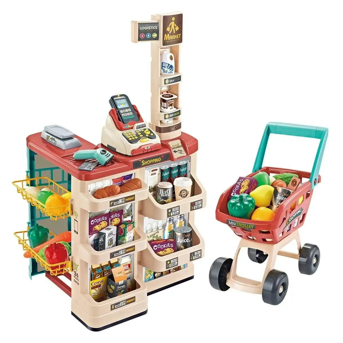 Ausway 48 Pieces Preschool Kids Pretend Play Shop Grocery Supermarket with Trolley