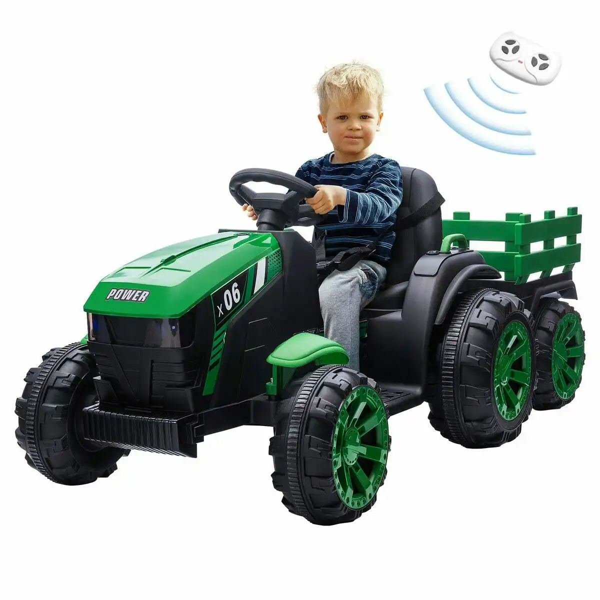 Kidbot Kids Ride on Car Remote Control Electric Tractor Toy Vehicle Trailer 12V Battery MP3 Player Safety Belt LED Light Green