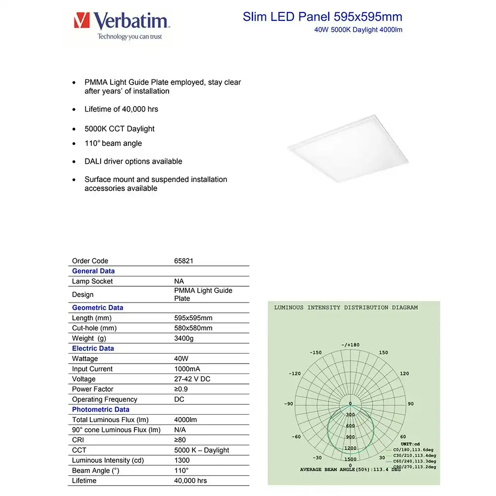 Verbatim Lighting Slim LED Ceiling Light 595x295mm Cool Daylight 40W 5000K