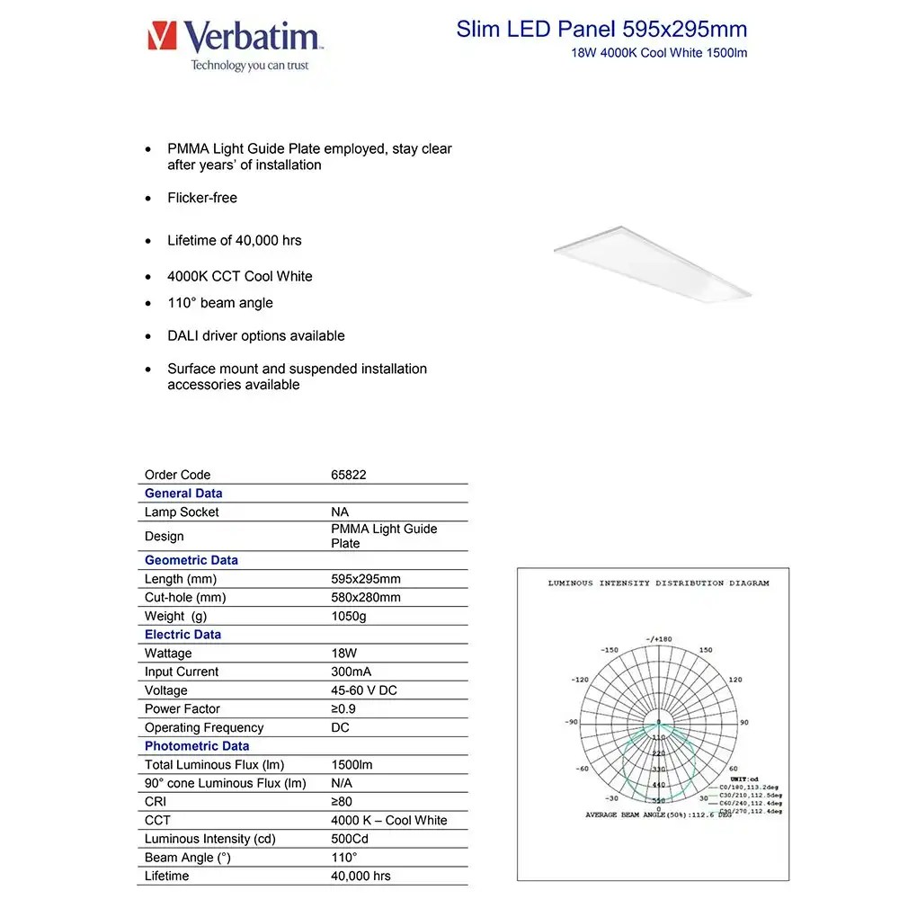 Verbatim Lighting Slim LED Ceiling Light 595x295mm Warm Bright White 18W 4000K