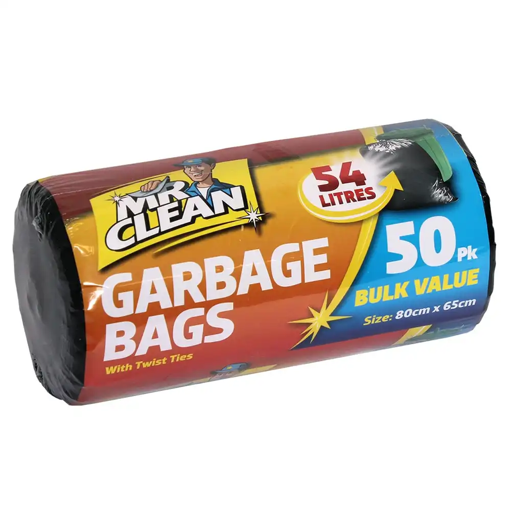50pc Mr Clean 80x65cm Garden Bags 54L Waste/Clippings Storage w/ Twist Ties BLK