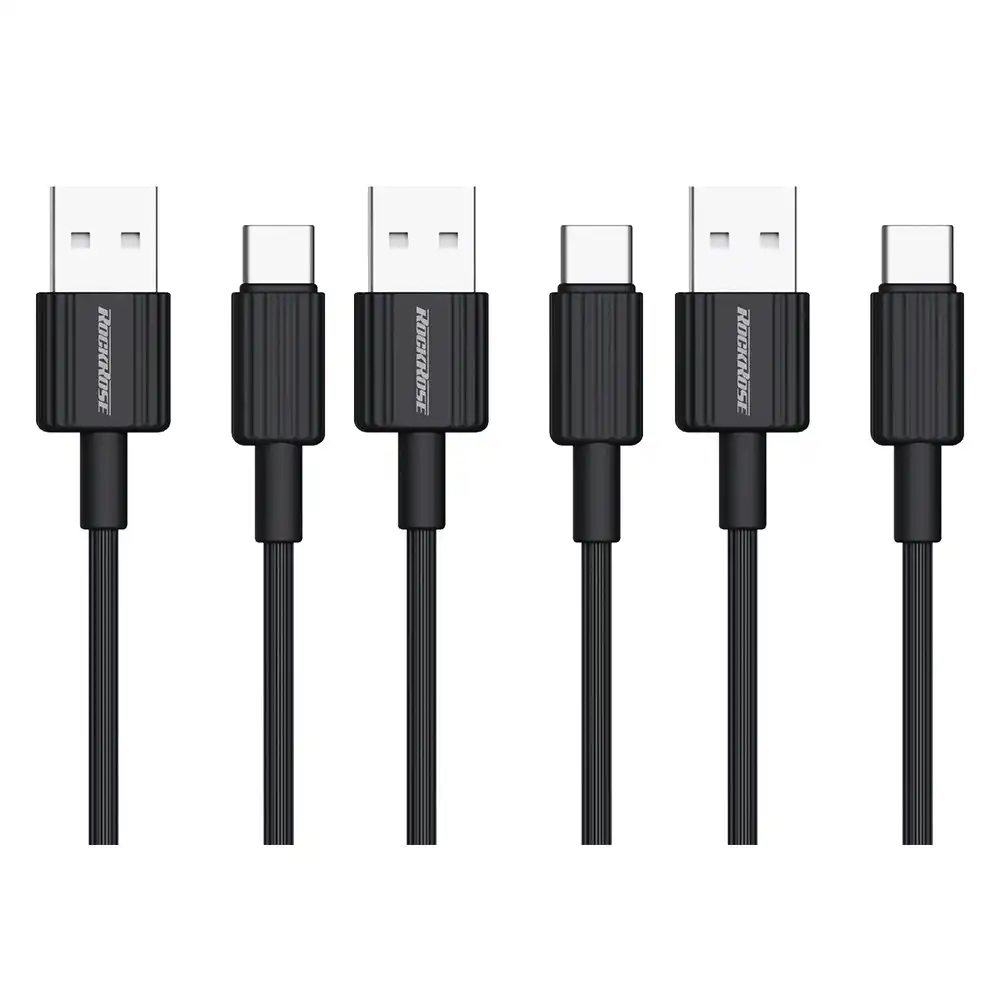 3PK RockRose Arrow AM 2.4A 1m USB-A to USB-C Phone Charging/PC Data Sync Cable