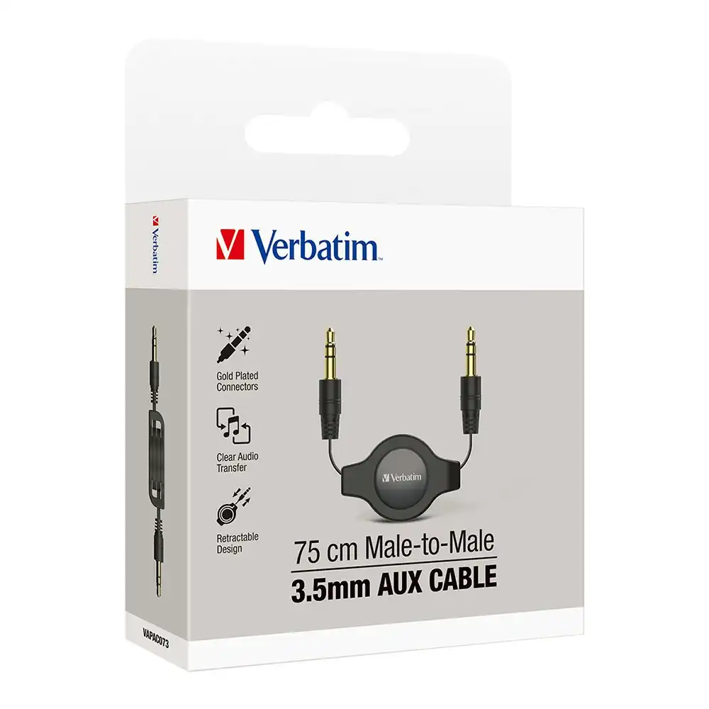 Verbatim 3.5mm AUX Gold Plated Retractable Tangle Free Audio Cable 75cm Black