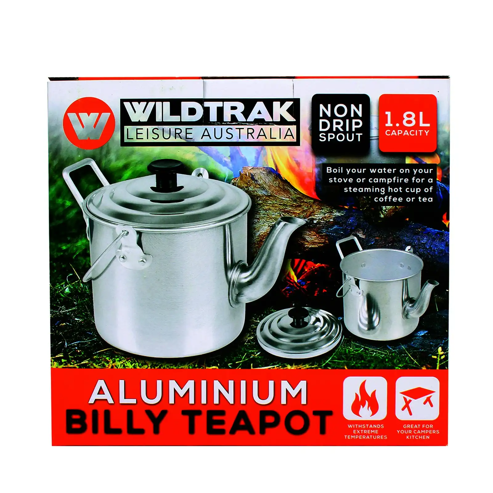 Wildtrak 1800ml Aluminium Billy Teapot Camping Water Boiler Container Silver