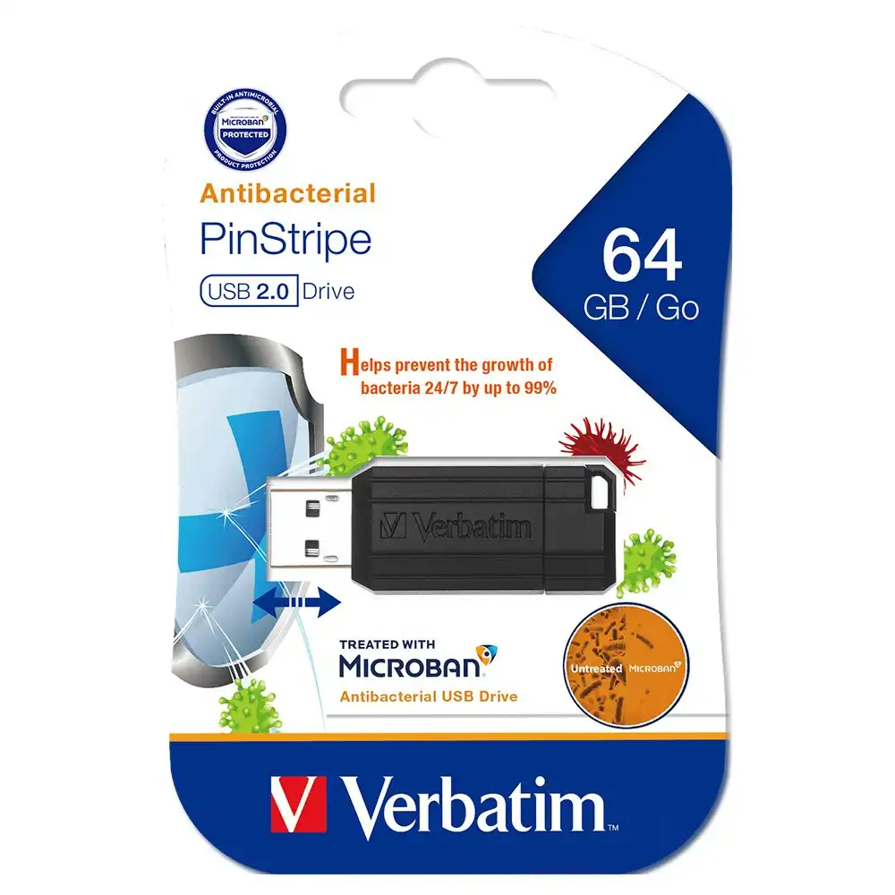 Verbatim Pinstripe Antimicrobial USB 2.0 Drive Stick 64GB Black Microban PC/MAC