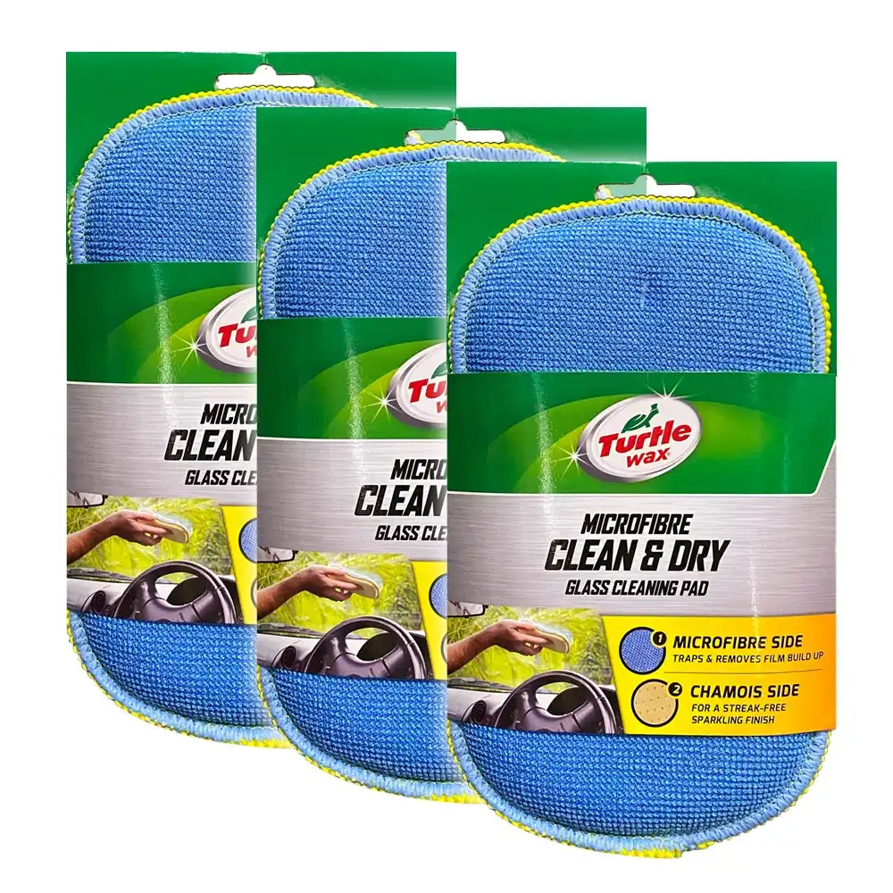 3x Turtle Wax Car/Automotive Microfibre Clean & Dry Glass Cleaning Pad/Chamois