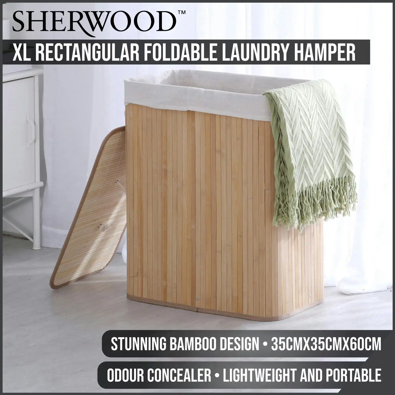 Sherwood Home Extra Large Rectangular Foldable Bamboo Laundry Hamper- 2 Sided Natural Brown