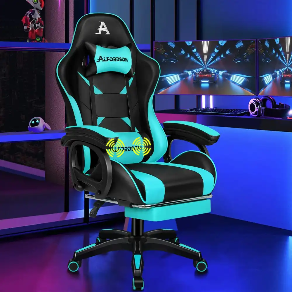 Alfordson Gaming Chair 2-Point Massage Lumbar Cushion Xavier Black & Cyan