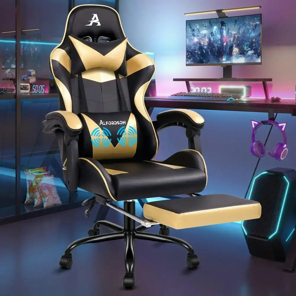 Alfordson Gaming Chair with Lumbar Massage Office Chair Black & Gold