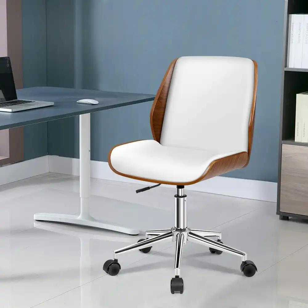 Alfordson Wooden Office Chair Computer Chairs Wood Seat PU Leather White