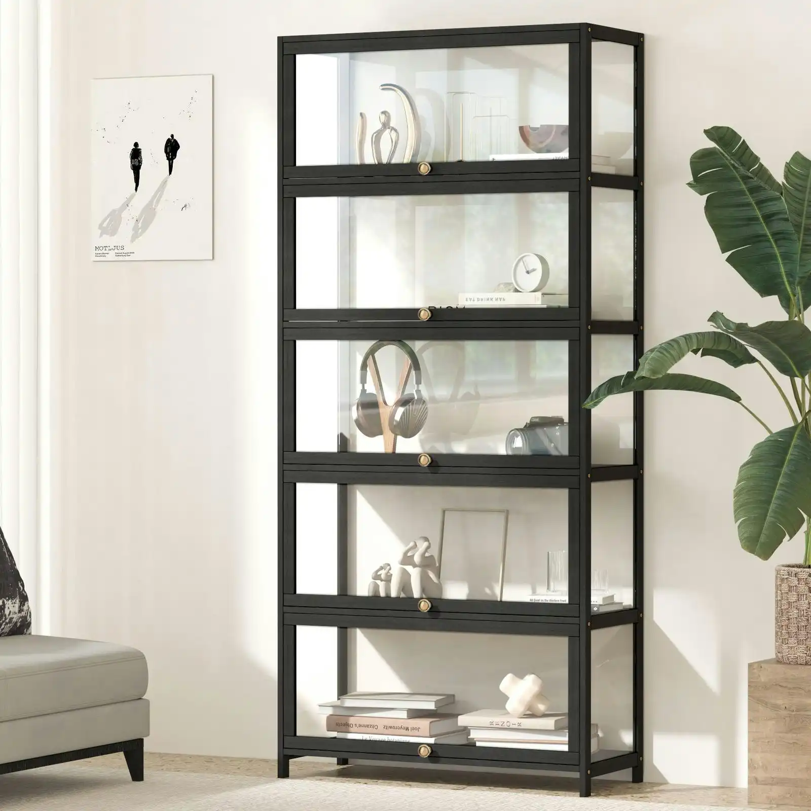 Oikiture Display Cabinet Storage 5-Tier Shelves Clear Bookcase Sideboard Black