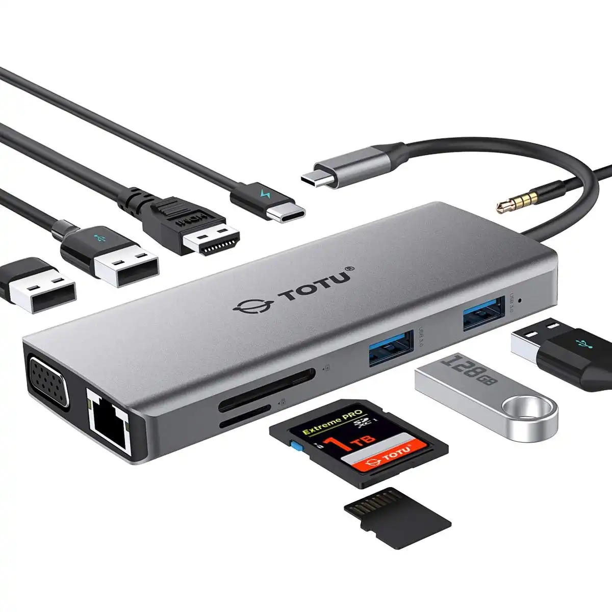 TOTU USB C Hub, Type C Hub, 11-in-1 Adapter with Ethernet, 4K USB C to HDMI, VGA, 2 USB3.0 2 USB2.0, Micro SD/TF Card Reader, Mic/Audio, USB-C PD 3.0,