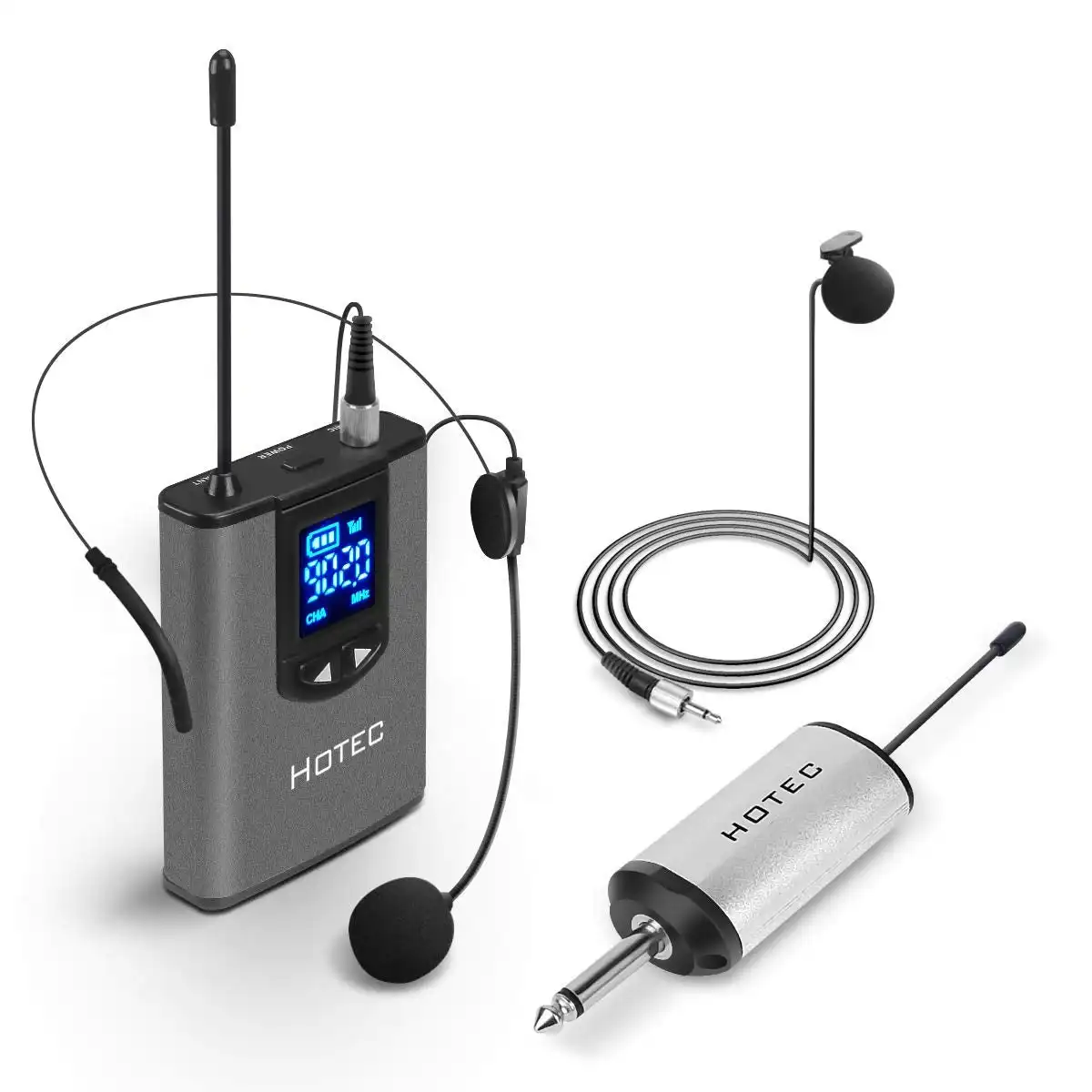 Hotec UHF Wireless Headset Microphone/Lavalier Lapel Mic with Bodypack Transmitter and Mini Rechargeable Receiver 1/4" Output, For Live Performances,