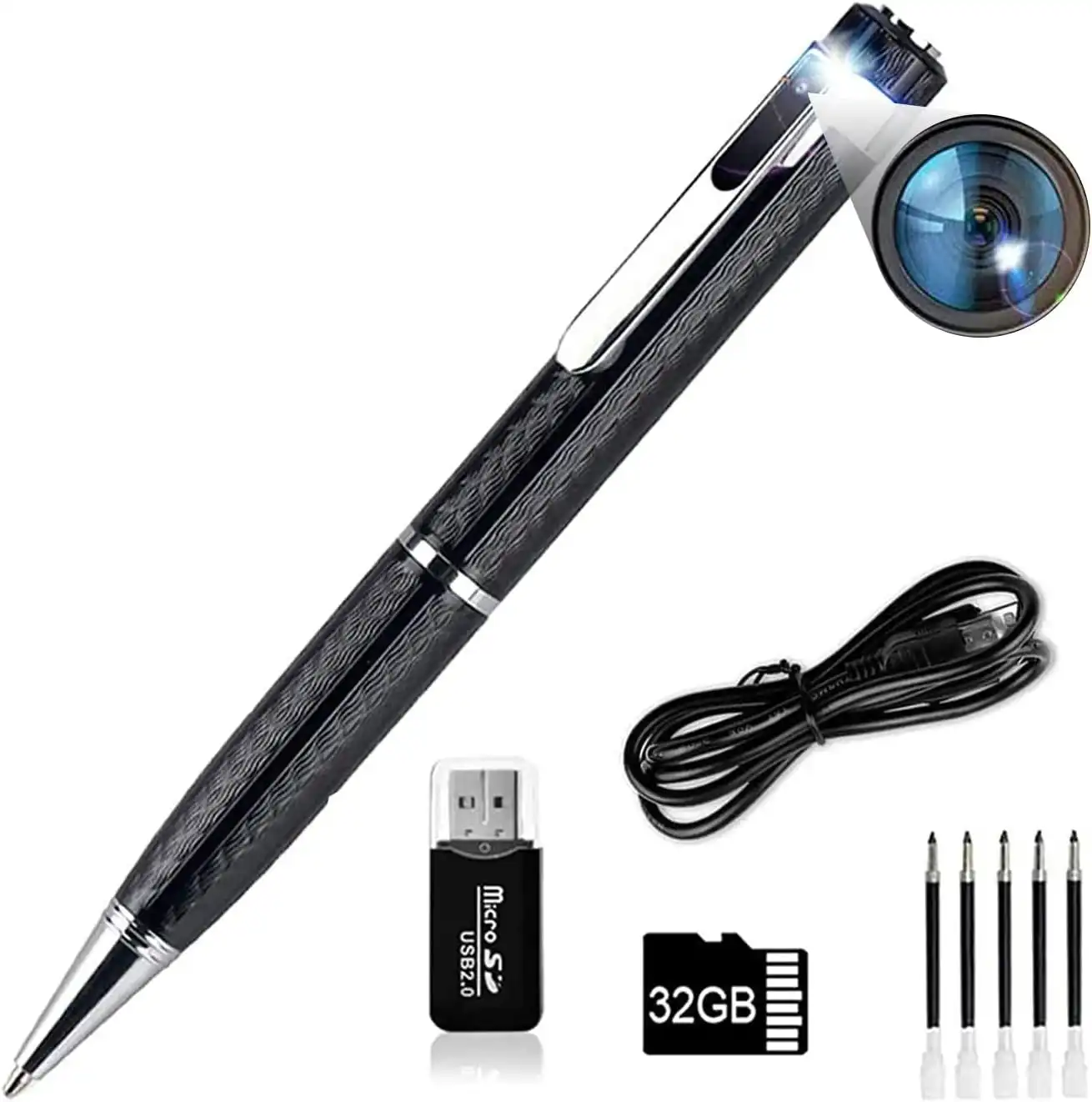 Hidden Camera Pen 1080P HD 2.5Hrs with 32GB SD Card - 2 in 1 - Camera Pen - Mini Body Camera, Card Reader, 5 Refills for Business, Conference, Security
