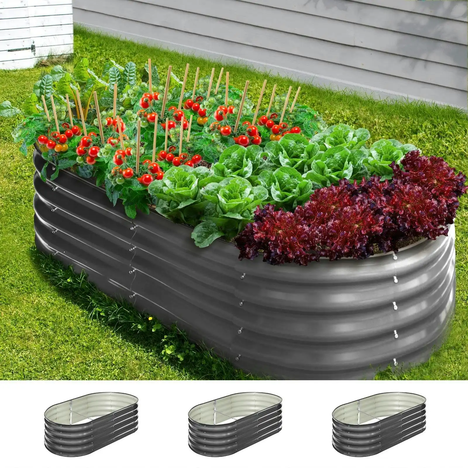 Livsip x3 Garden Bed Oval Galvanised Raised Steel Vegetable Planter 160X80X42CM