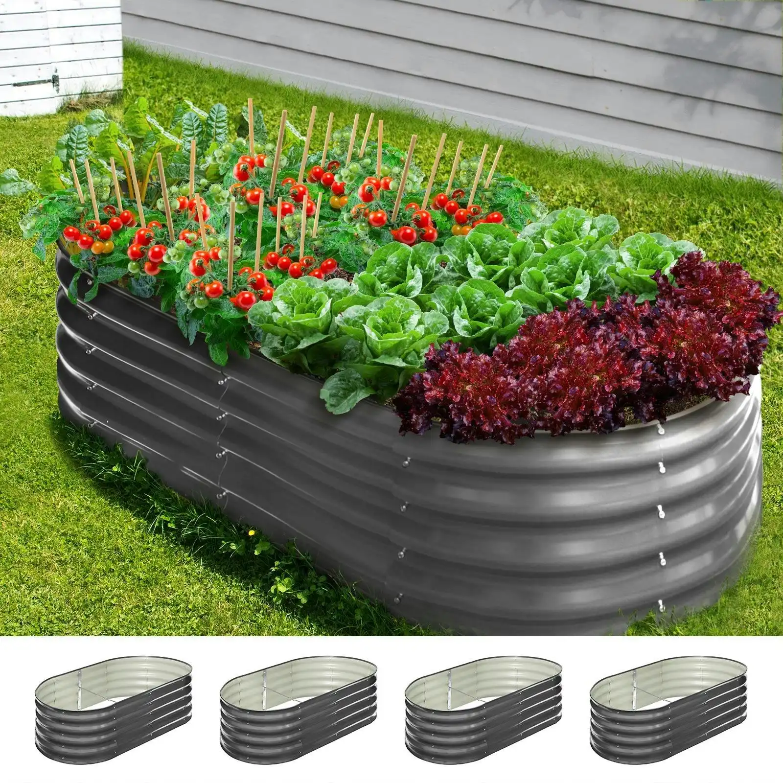 Livsip x4 Garden Bed Oval Galvanised Raised Steel Vegetable Planter 160X80X42CM