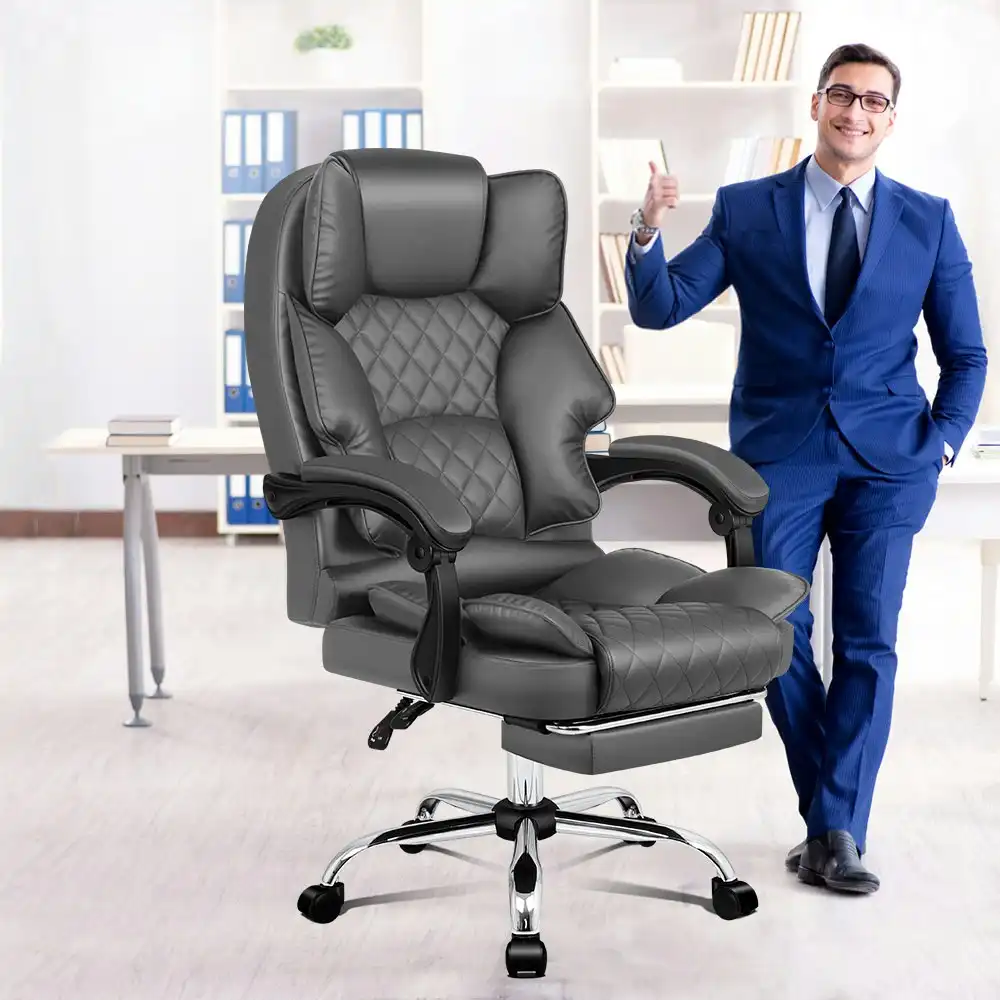 Alfordson Office Chair Deluxe PU Leather Executive - Grey (With Footrest)