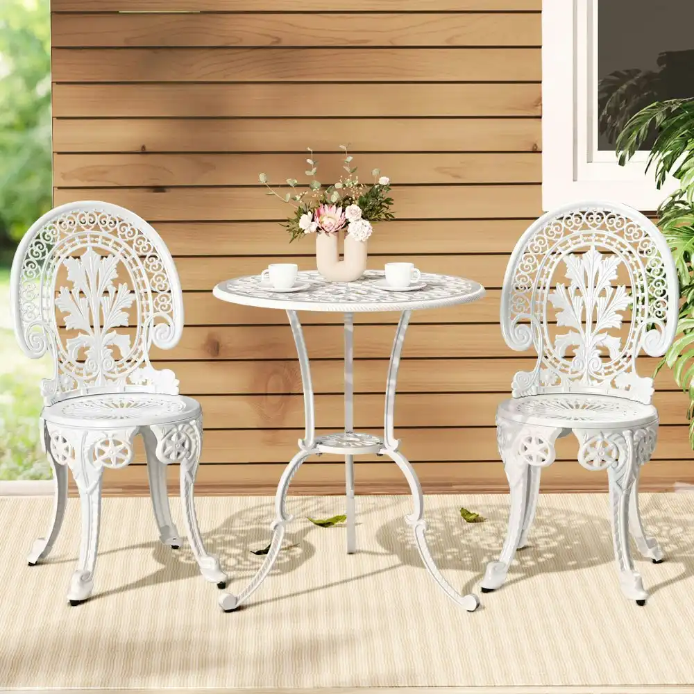 Gardeon 3PC Patio Furniture Outdoor Bistro Set Dining Chairs Cast Aluminium White
