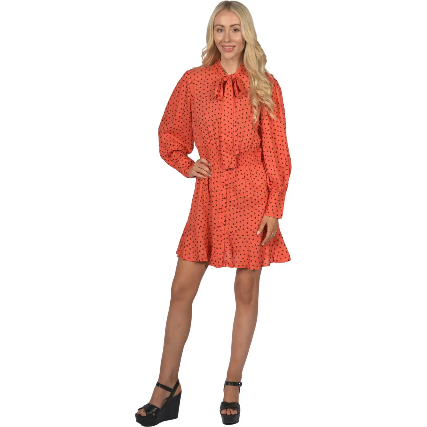 Topshop Women's Long Sleeve Orange Heart Print Dress