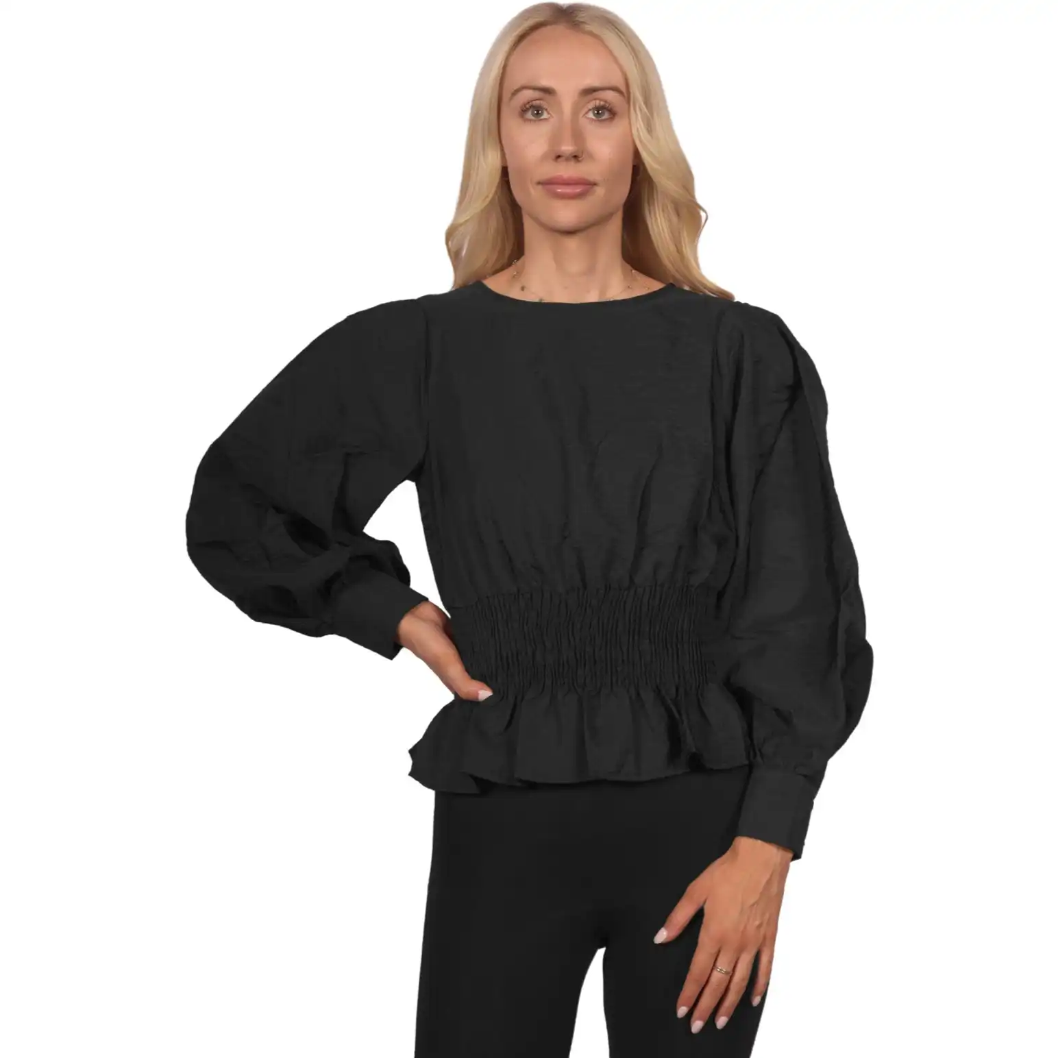 Topshop Women's Long Sleeve Ruched Waist Blouse - Black