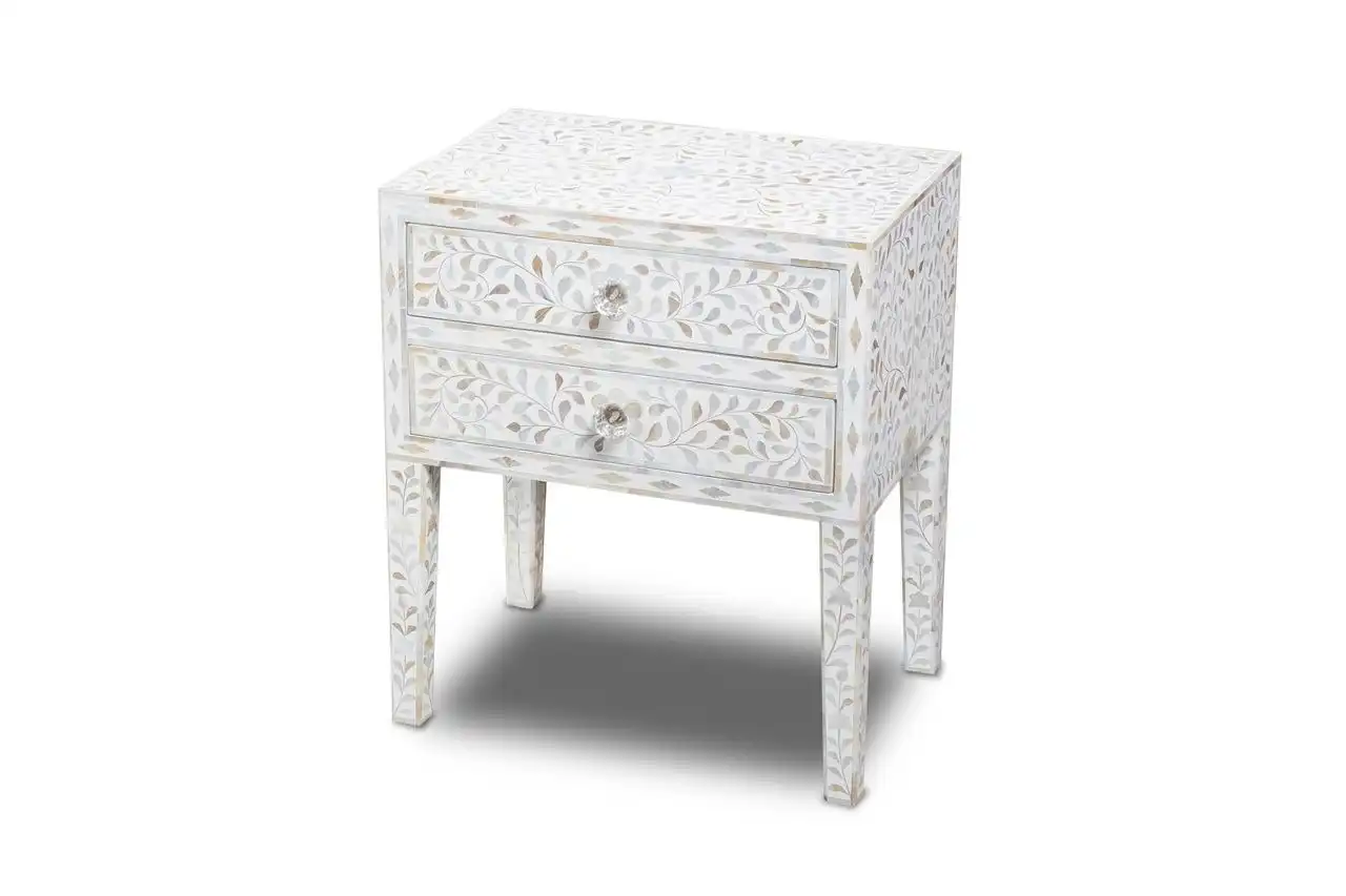 Zohi_Interiors Bone Inlay Bedside Table with 2 Drawers in White
