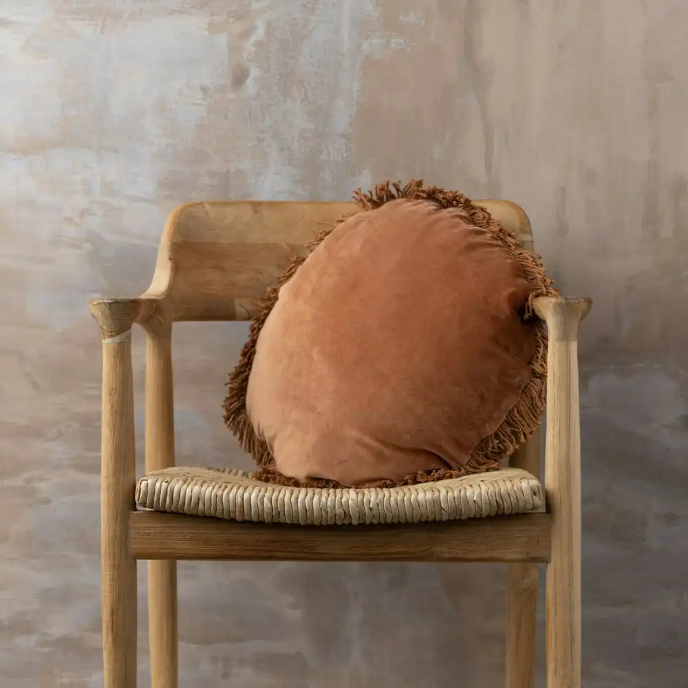 Zohi Interiors Luxe Round Cushion with Fringe in Velvet Sienna