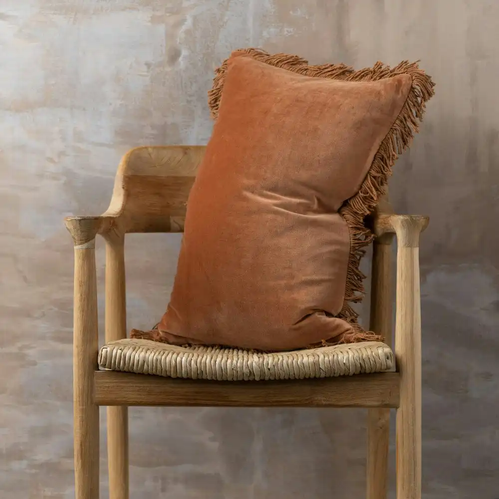 Zohi Interiors Luxe Lumbar Cushion with Fringe in Velvet Sienna