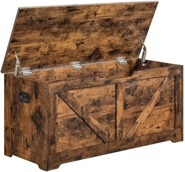 Rustic Brown Barn Style Toy Chest Box Organizer with Safety Hinges and Storage Bench
