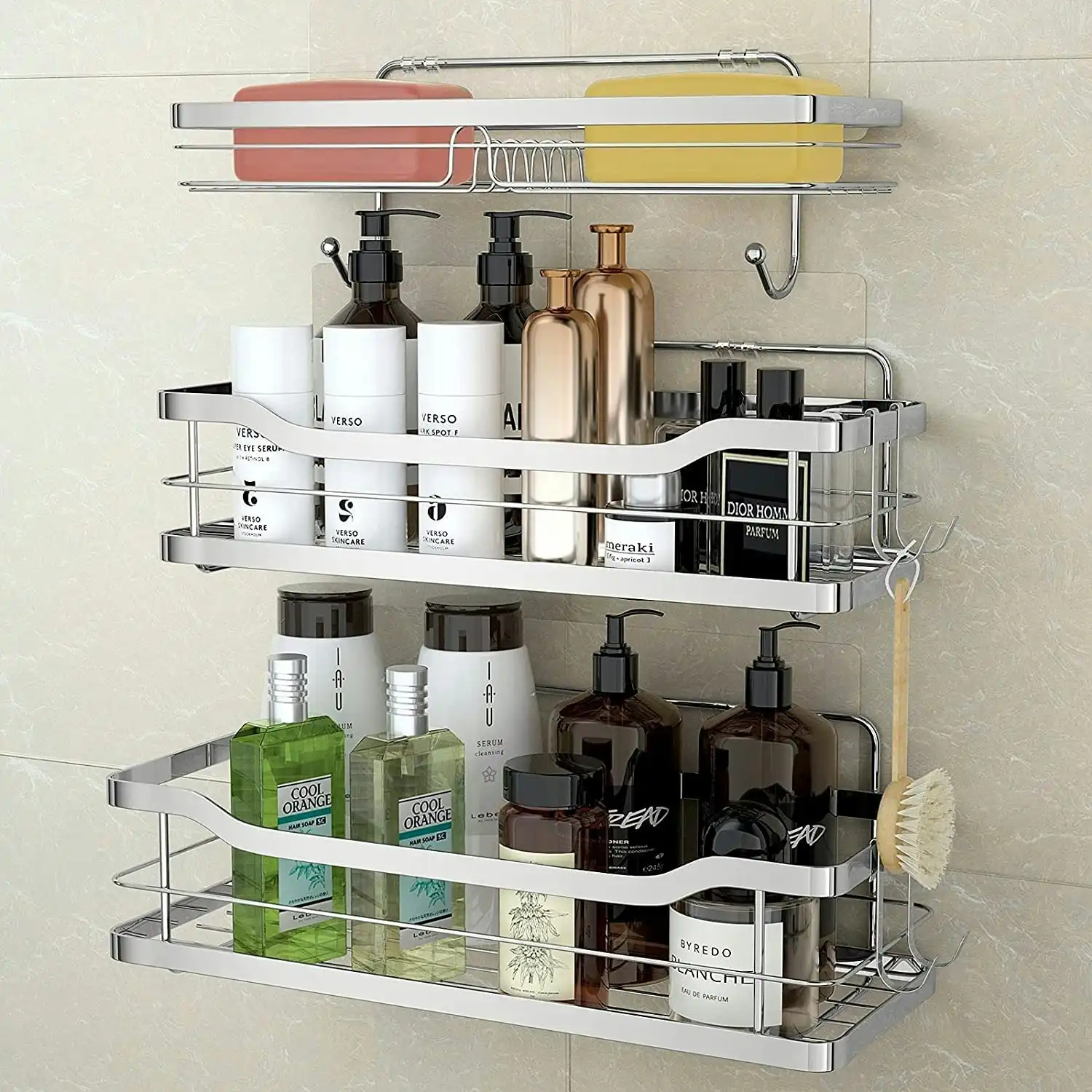 3 Pack shower caddy shelf, 4 hooks, stainless steel
