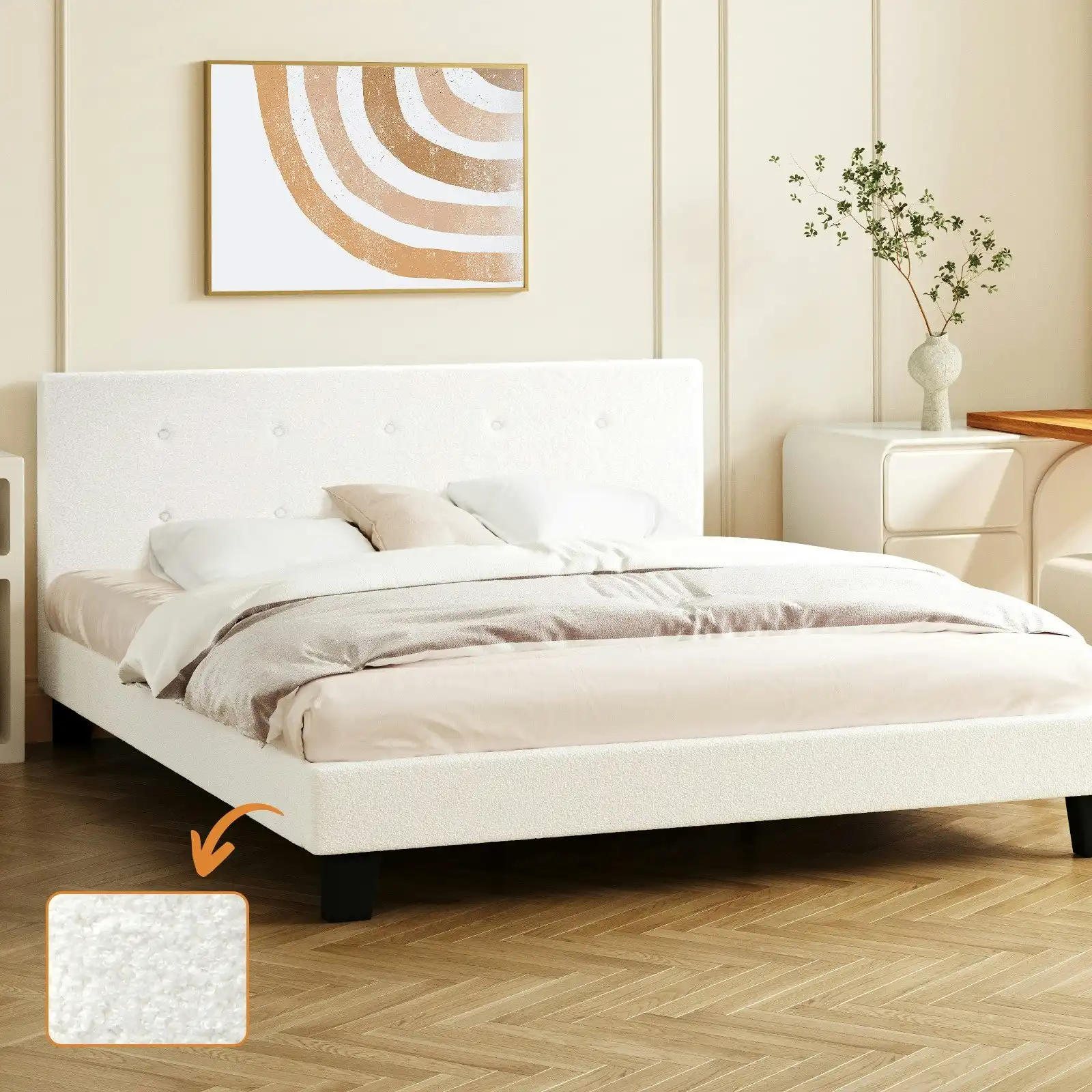 Oikiture Bed Frame Queen Size Bed Platform Wooden White Boucle
