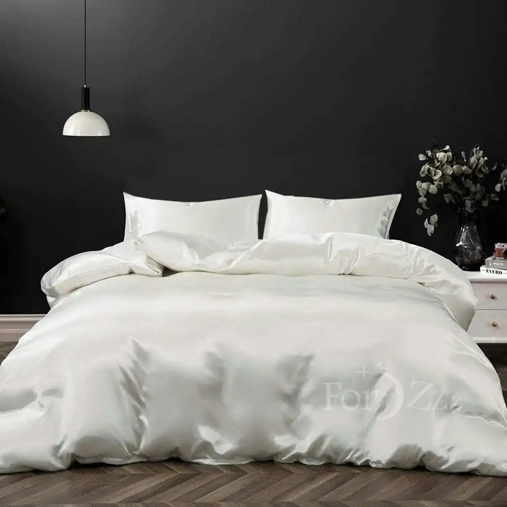 Buy White Silky Satin Quilt Cover Set, Queen Size Bedding, 1800TC 3 Piece Art Silk Satin Duvet/Quilt Cover Set