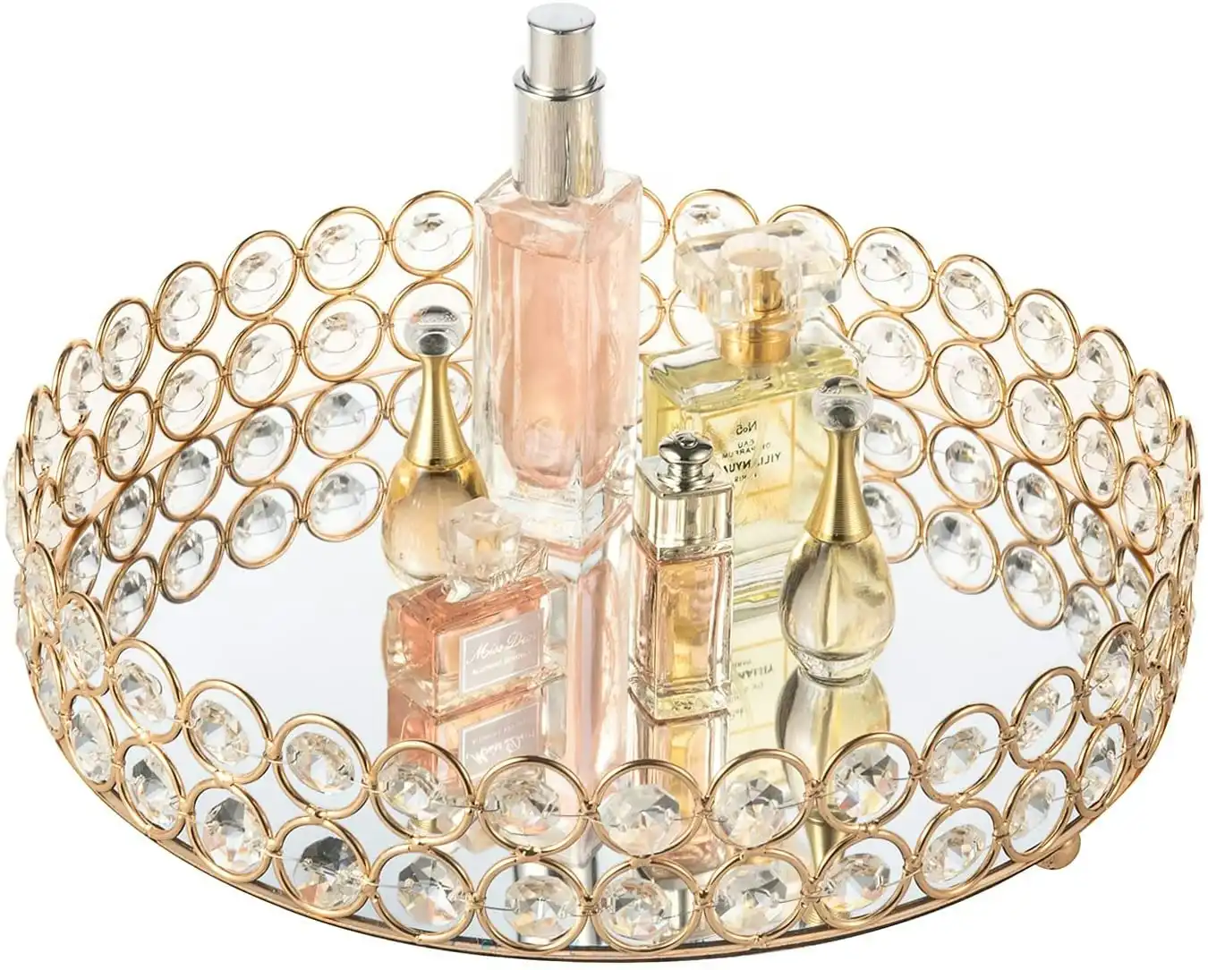 Crystal Beads Cosmetic Round Tray Jewelry Organizer (Gold)