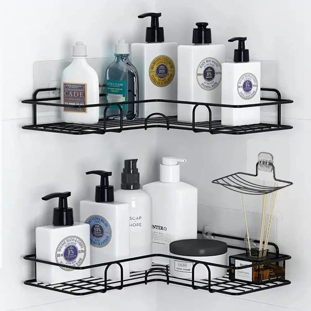 Corner Shower Shelf with Hooks (Matte Black)