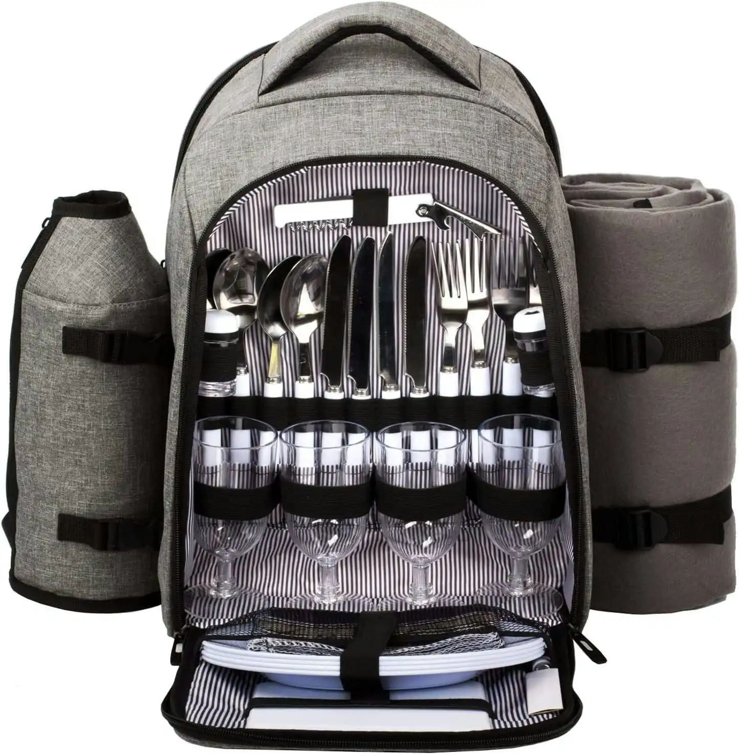 Picnic Backpack for 4 Person Waterproof Cooler Compartment Cutlery Set Detachable Bottle Holder Fleece Blanket Plates