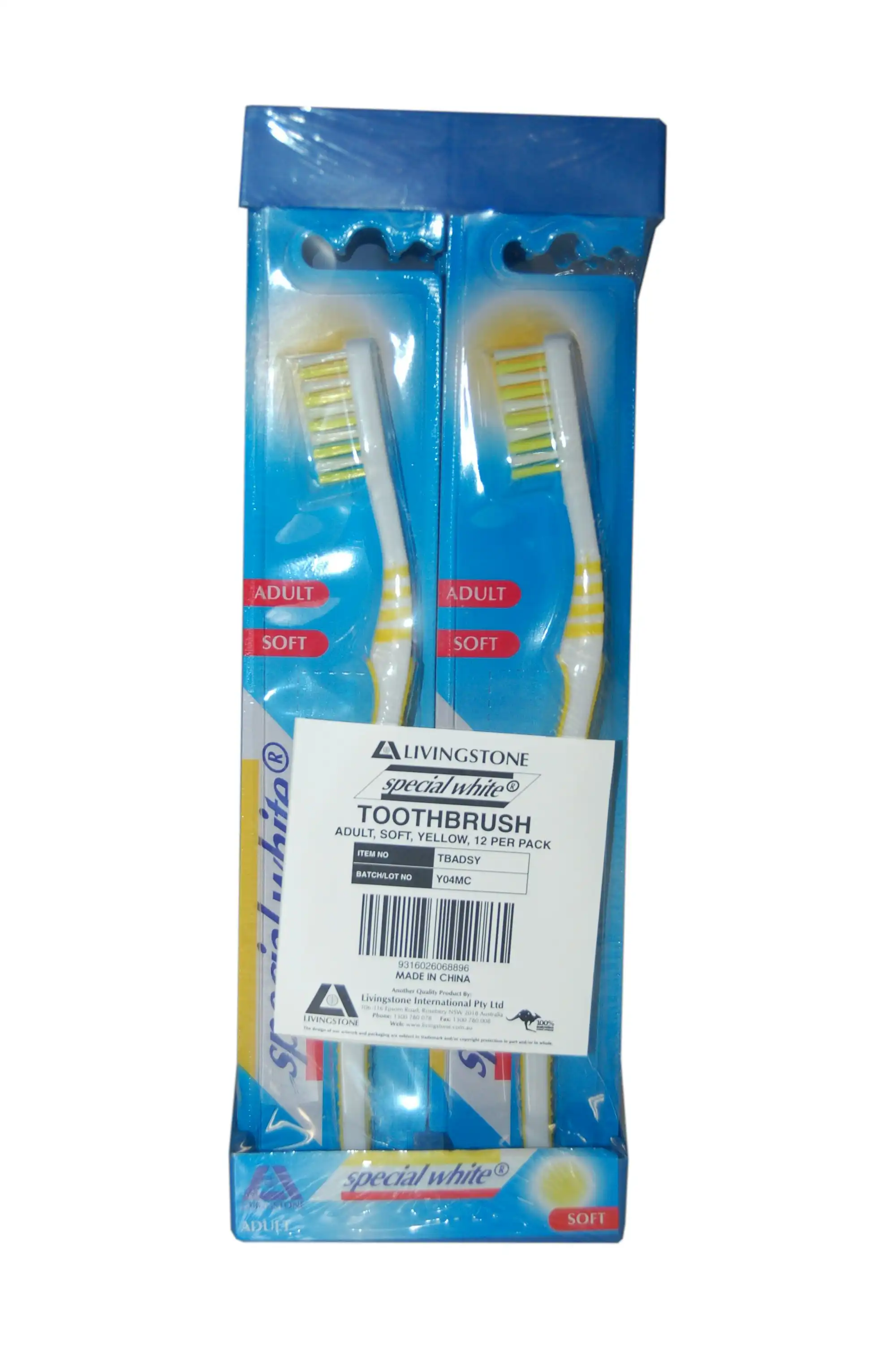 Livingstone Special White Toothbrush Adult Soft Bristles Yellow 12 Pack