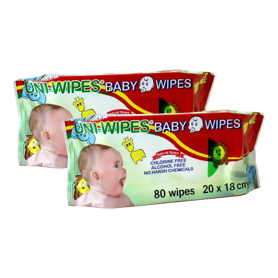 Uni-Wipe Baby Wipes, Natural Scent, Perfume-Free, 20 x 18cm, 80 Wipes in Resealable Soft Pack, 20 Packs/Carton